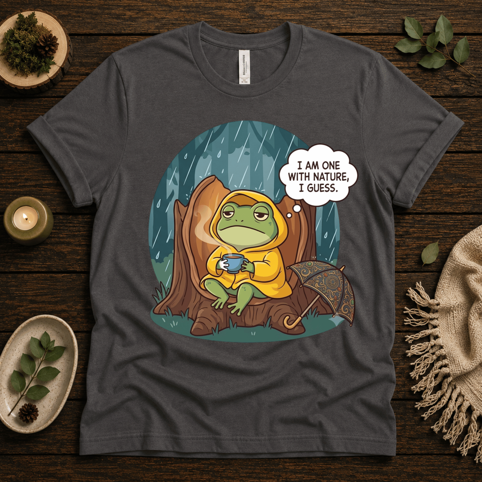One With Nature funny nature graphic t-shirt cozy flat lay in asphalt.