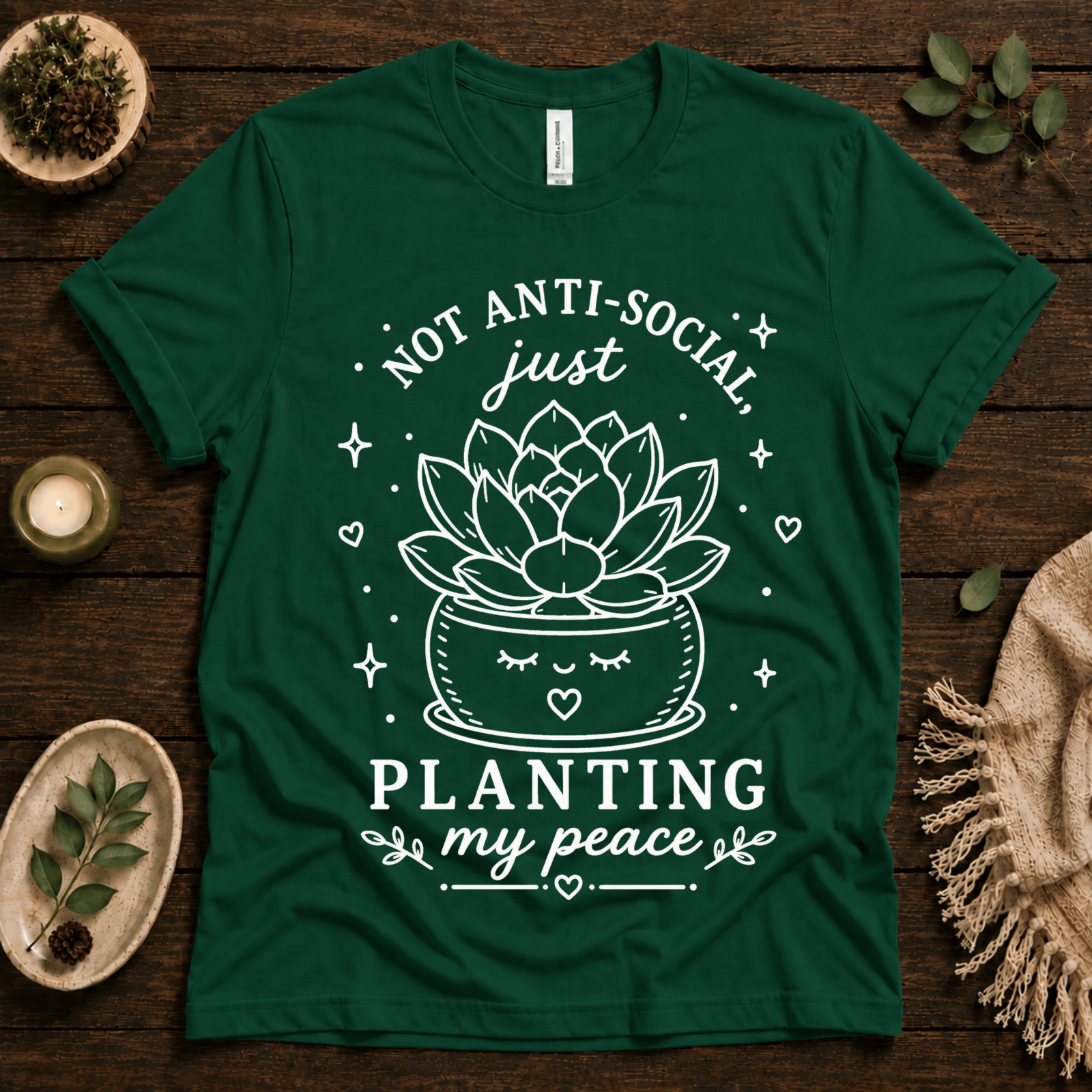Planting My Peace cute plant graphic t-shirt cozy flat lay in evergreen.