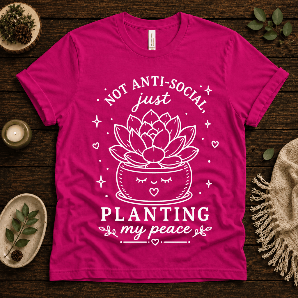 Planting My Peace cute plant graphic t-shirt cozy flat lay in charity pink.