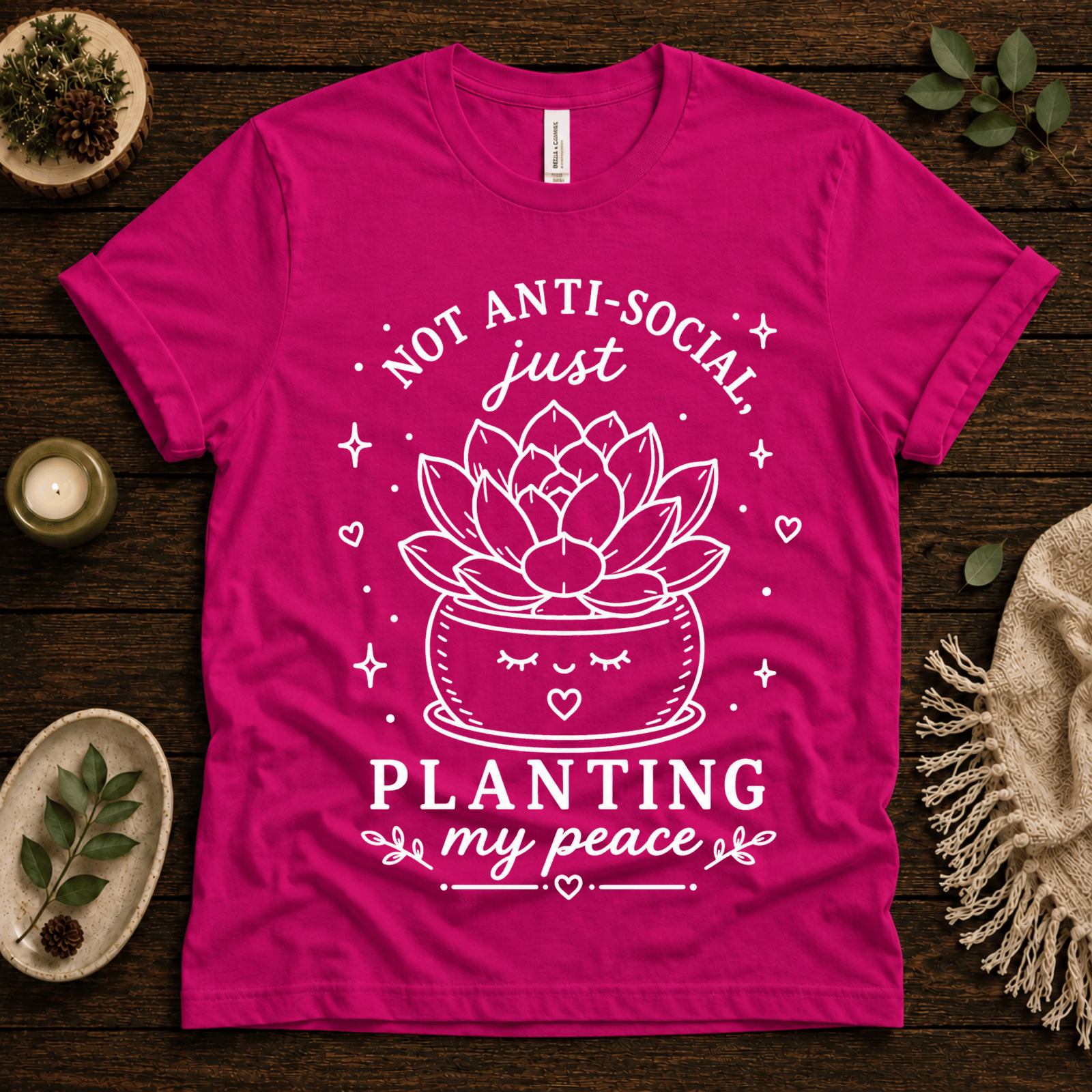 Planting My Peace cute plant graphic t-shirt cozy flat lay in charity pink.