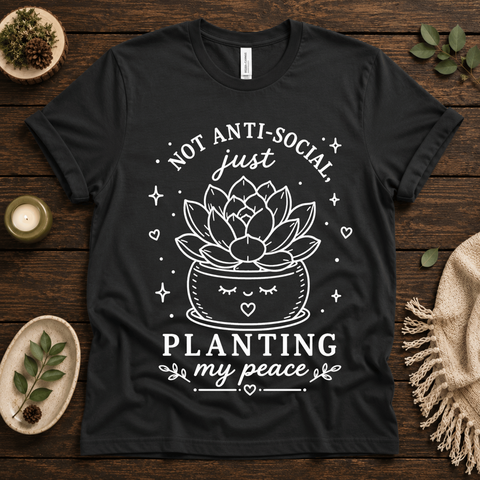 Planting My Peace cute plant graphic t-shirt cozy flat lay in vintage black.