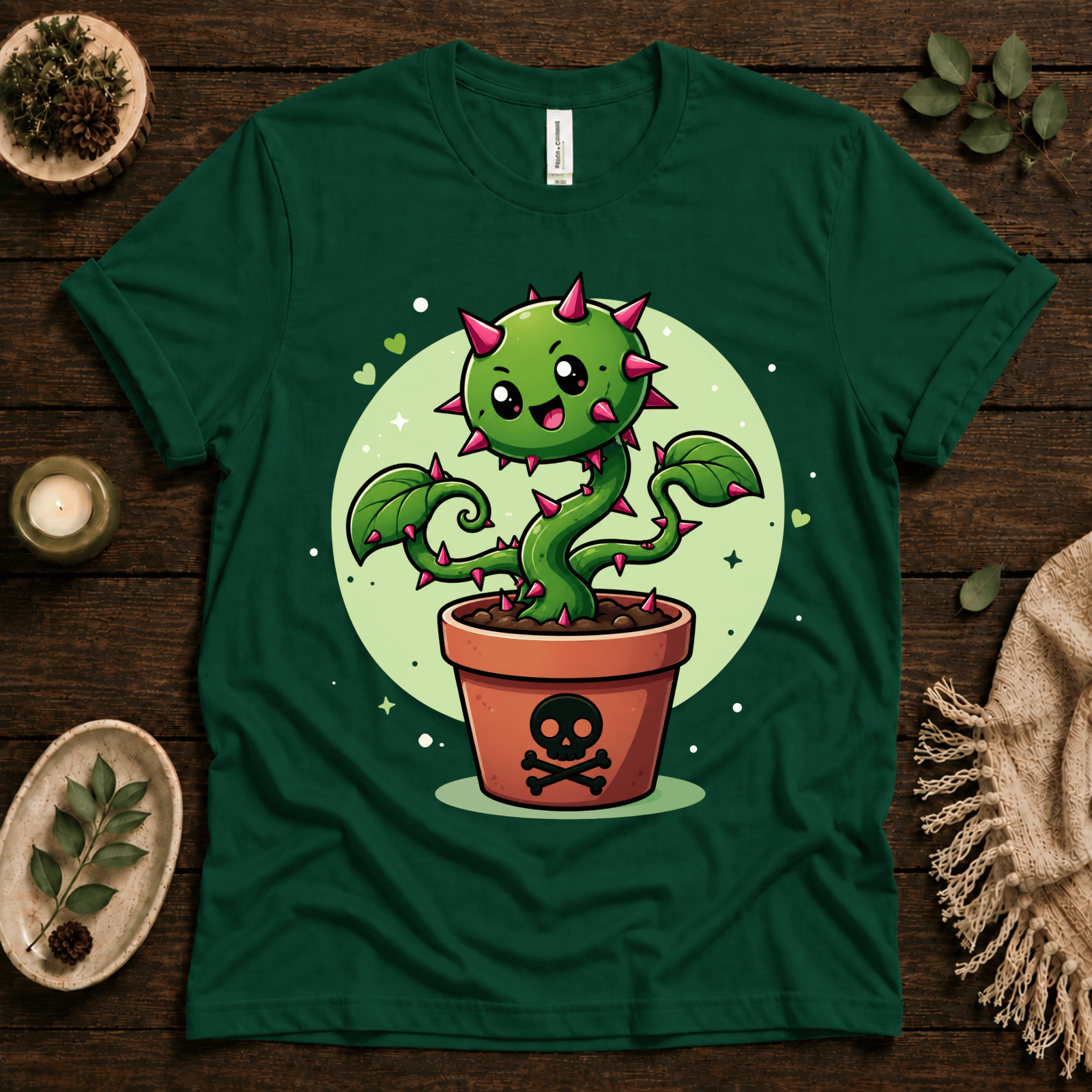 Poison Ivy funny plant graphic t-shirt cozy flat lay in evergreen.