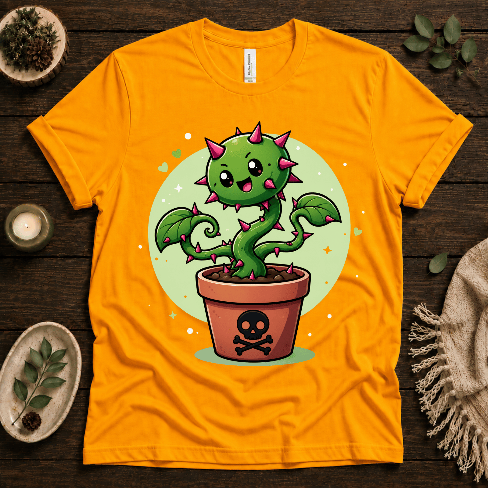 Poison Ivy funny plant graphic t-shirt cozy flat lay in gold.