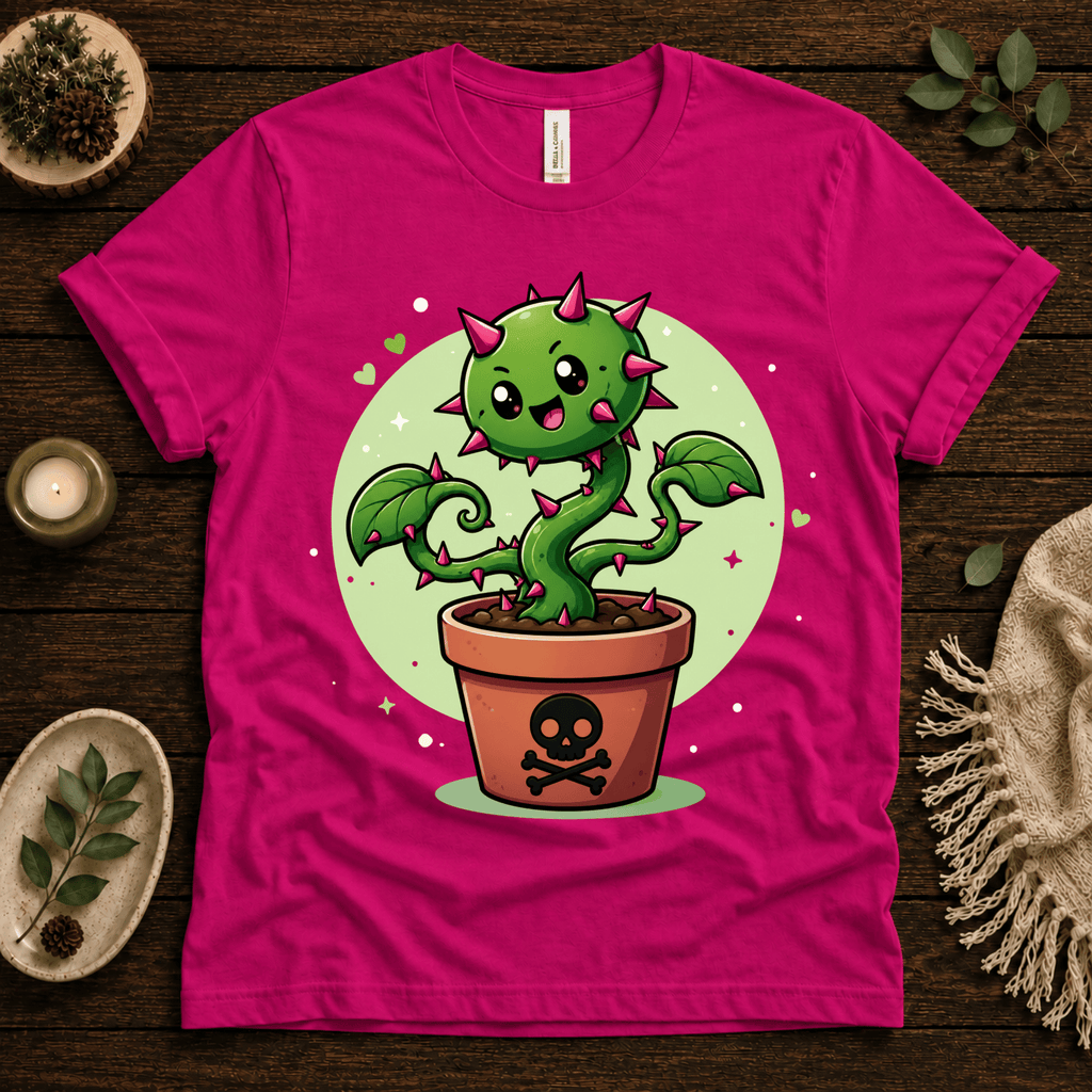 Poison Ivy funny plant graphic t-shirt cozy flat lay in charity pink.