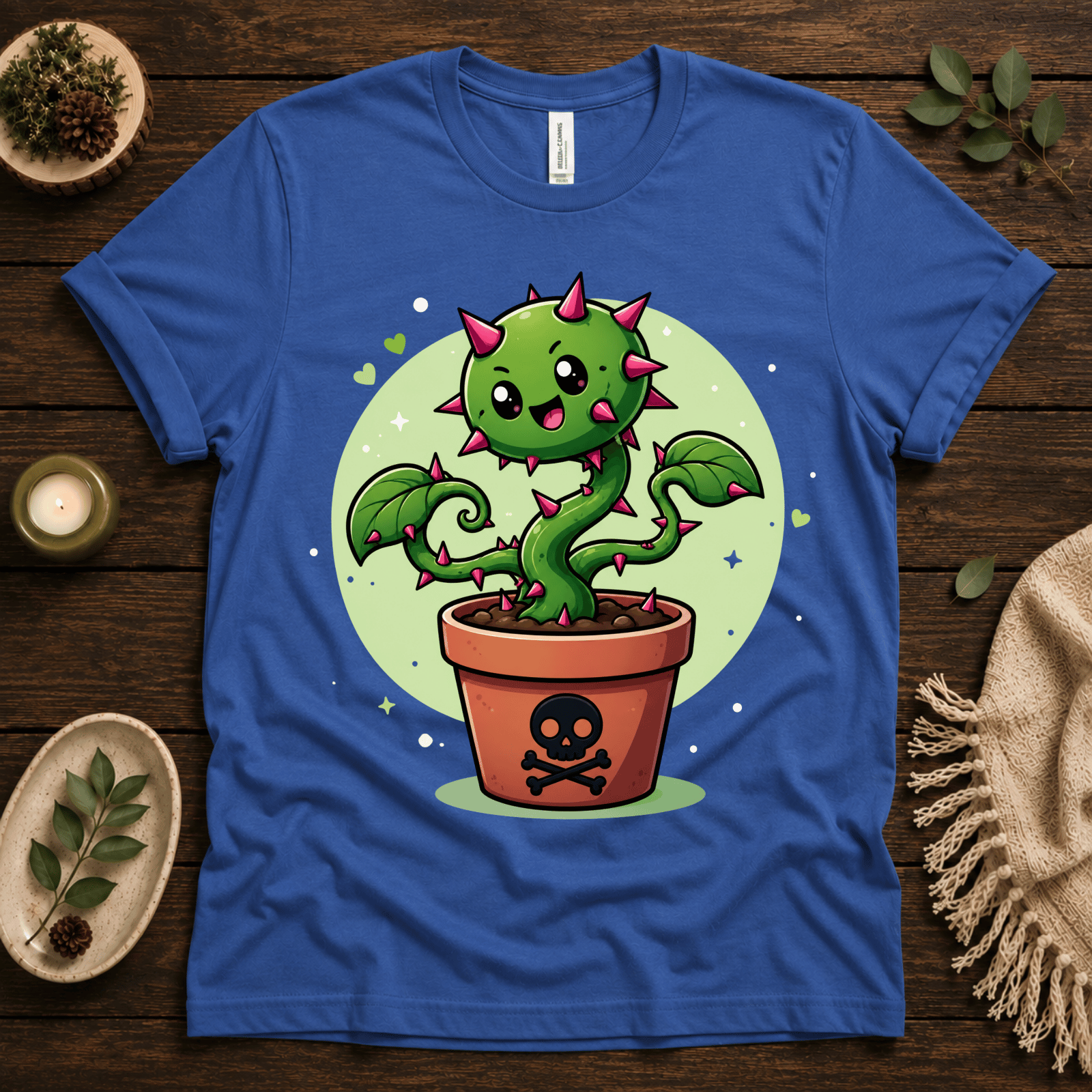 Poison Ivy funny plant graphic t-shirt cozy flat lay in true royal.