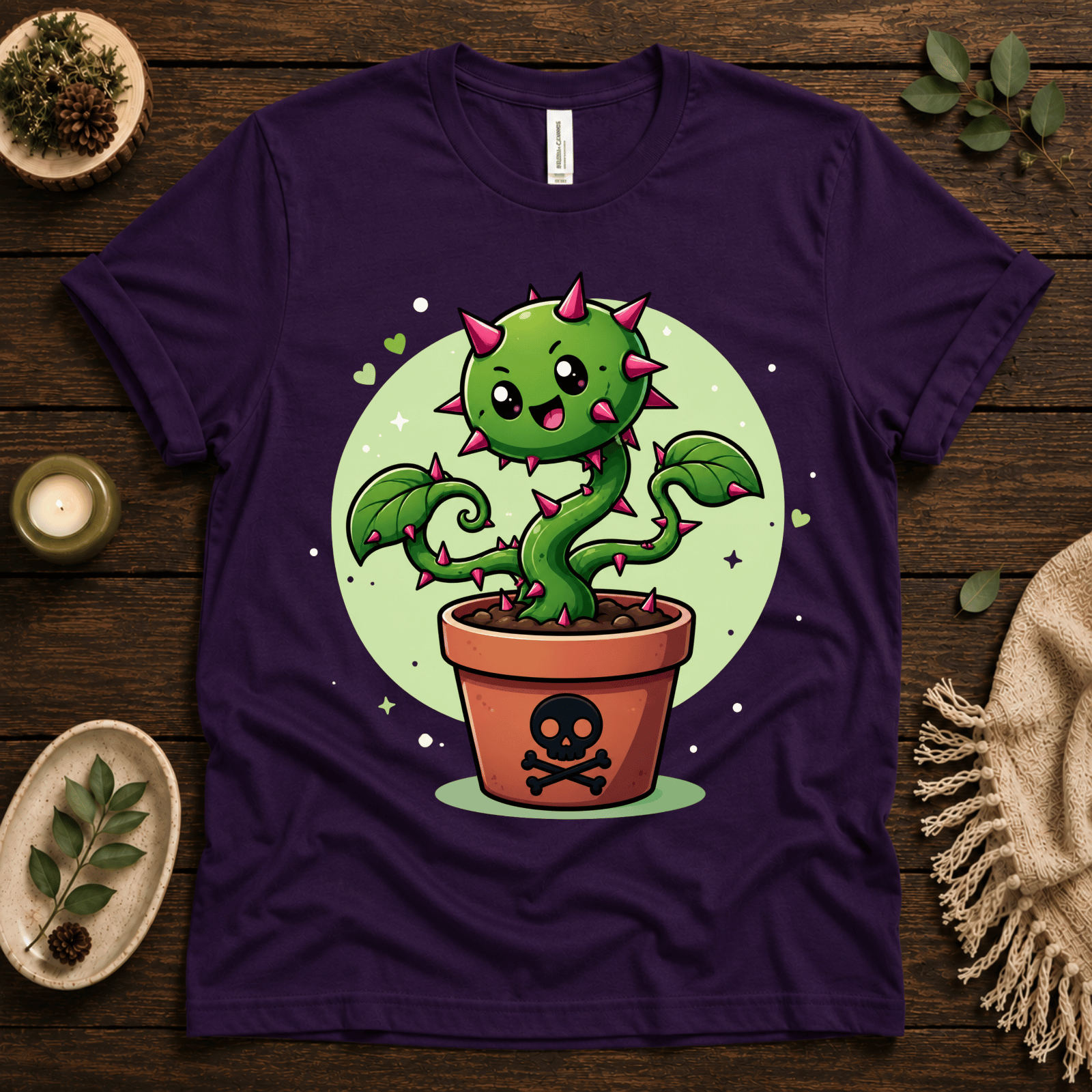 Poison Ivy funny plant graphic t-shirt cozy flat lay in team purple.