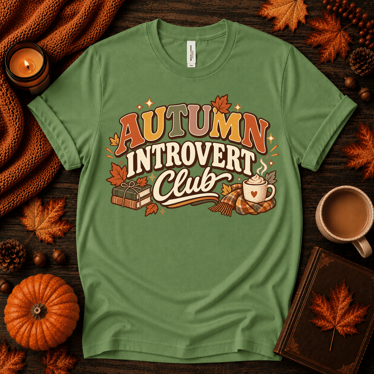 Autumn Introvert Club cute fall graphic t-shirt cozy flat lay in leaf.