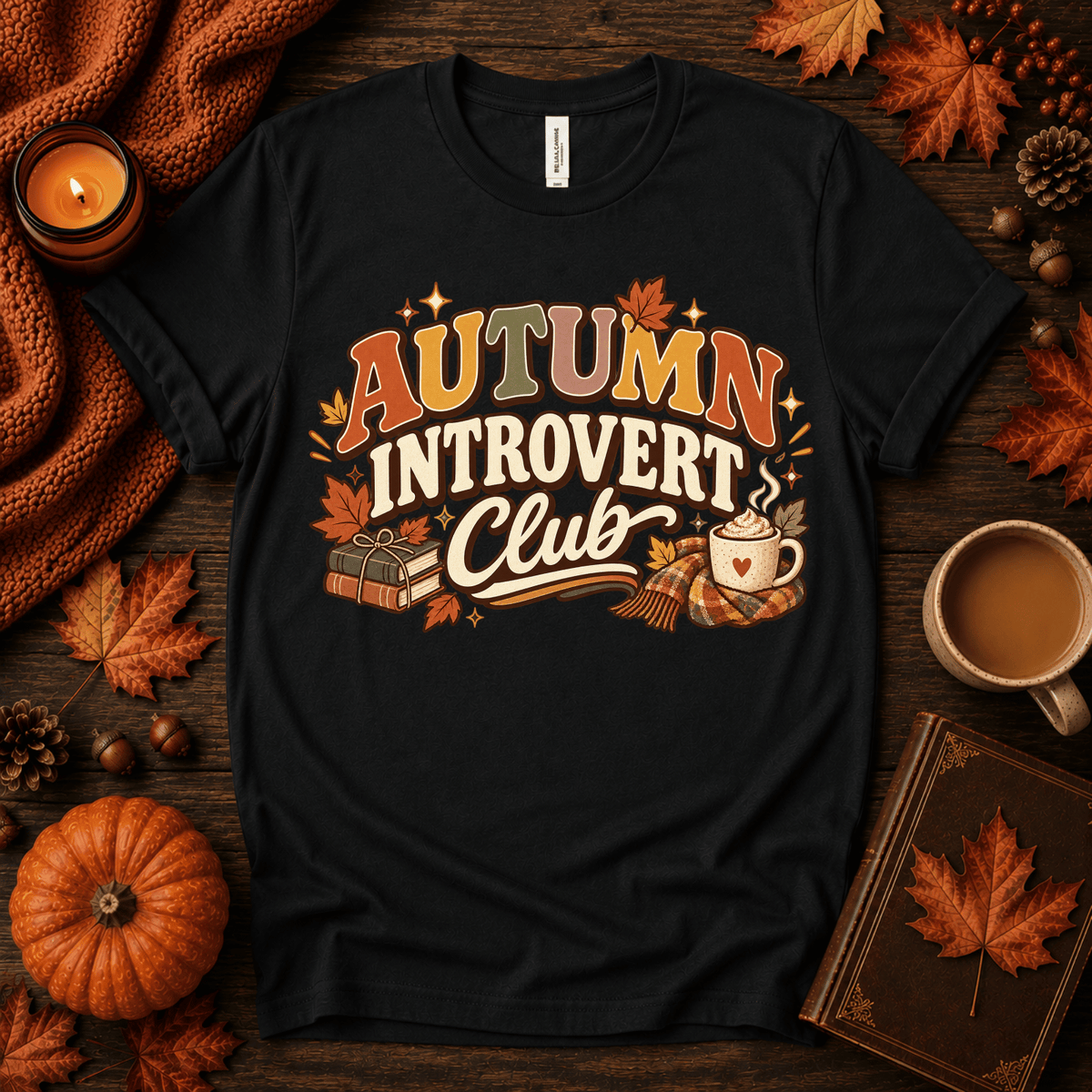 Autumn Introvert Club cute fall graphic t-shirt cozy flat lay in vintage black.