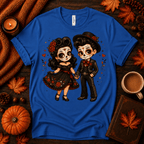 Mr. & Mrs. halloween pinup graphic t-shirt cozy flat lay in true royal.