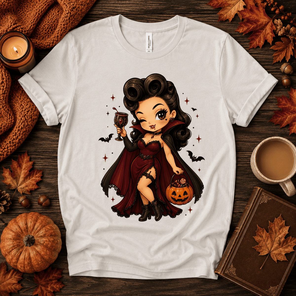 Vampire Vanessa halloween pinup graphic t-shirt cozy flat lay in vintage white.