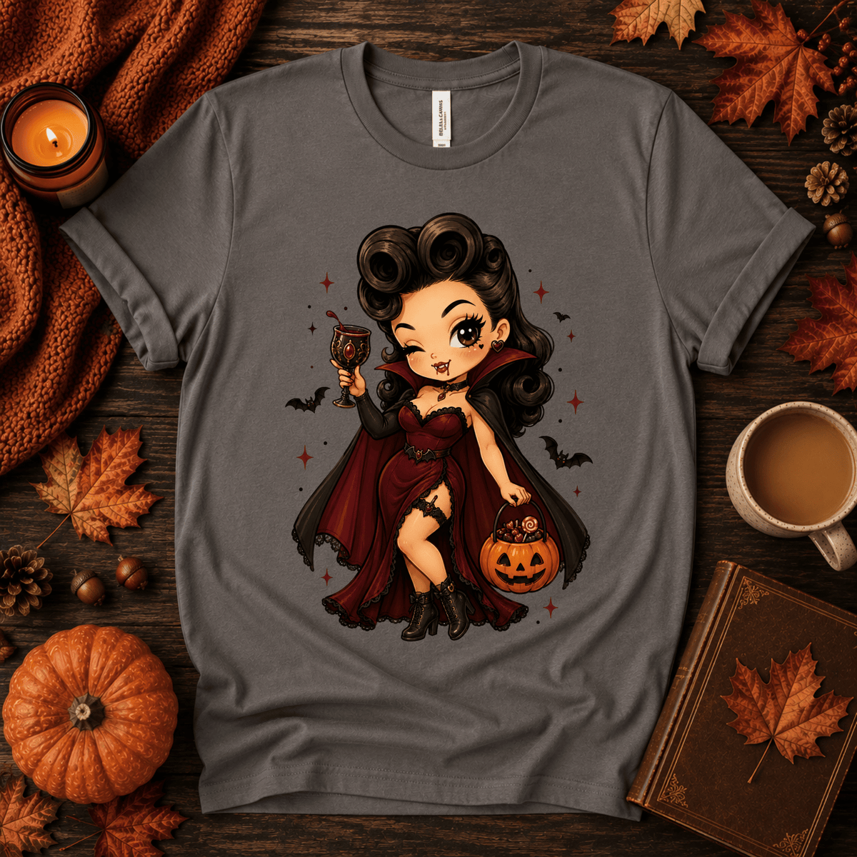 Vampire Vanessa halloween pinup graphic t-shirt cozy flat lay in asphalt.