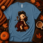 Vampire Vanessa halloween pinup graphic t-shirt cozy flat lay in steel blue.