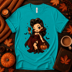 Vampire Vanessa halloween pinup graphic t-shirt cozy flat lay in heather sea green.