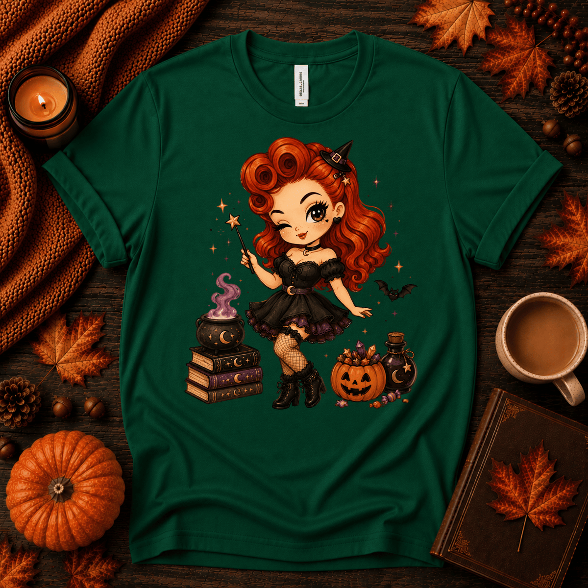 Witchy Wendy halloween pinup graphic t-shirt cozy flat lay in evergreen.