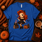Witchy Wendy halloween pinup graphic t-shirt cozy flat lay in true royal.