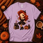 Witchy Wendy halloween pinup graphic t-shirt cozy flat lay in lilac.