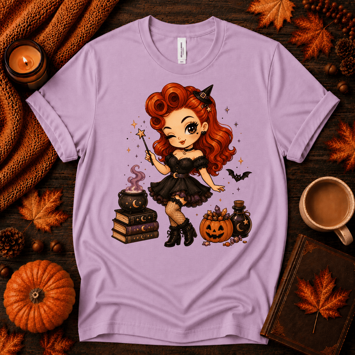 Witchy Wendy halloween pinup graphic t-shirt cozy flat lay in lilac.