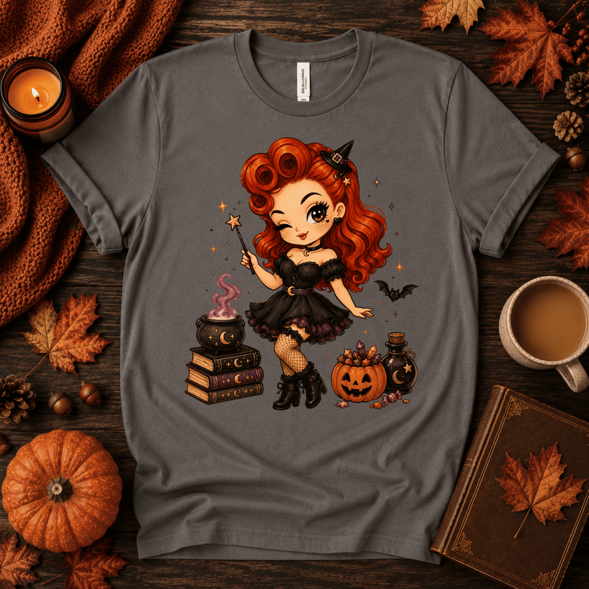 Witchy Wendy halloween pinup graphic t-shirt cozy flat lay in asphalt.