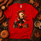 Witchy Wendy halloween pinup graphic t-shirt cozy flat lay in red.