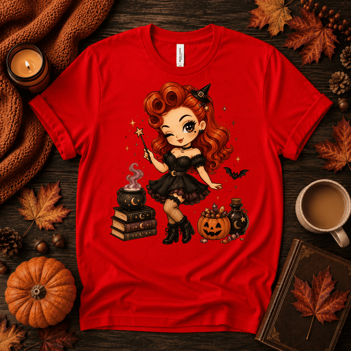 Witchy Wendy halloween pinup graphic t-shirt cozy flat lay in red.