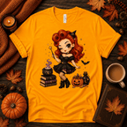Witchy Wendy halloween pinup graphic t-shirt cozy flat lay in gold.