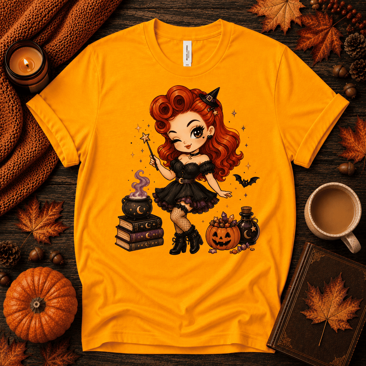 Witchy Wendy halloween pinup graphic t-shirt cozy flat lay in gold.