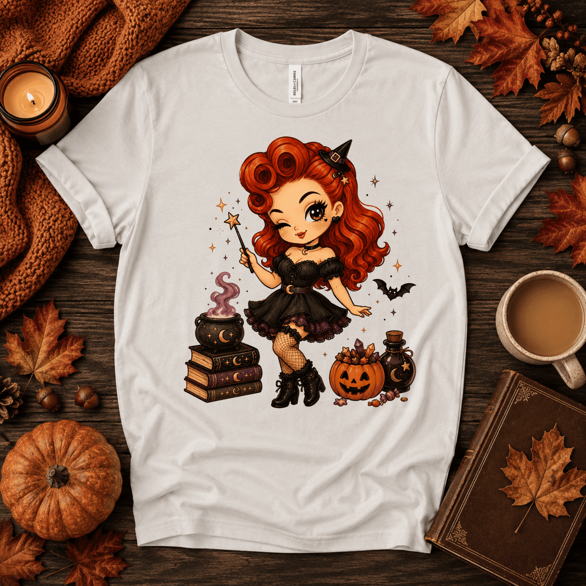 Witchy Wendy halloween pinup graphic t-shirt cozy flat lay in vintage white.