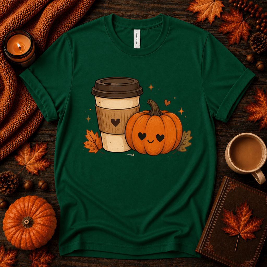 Pumpkin Latte fall coffee graphic t-shirt cozy flat lay in evergreen.