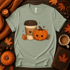 Pumpkin Latte fall coffee graphic t-shirt cozy flat lay in sage.
