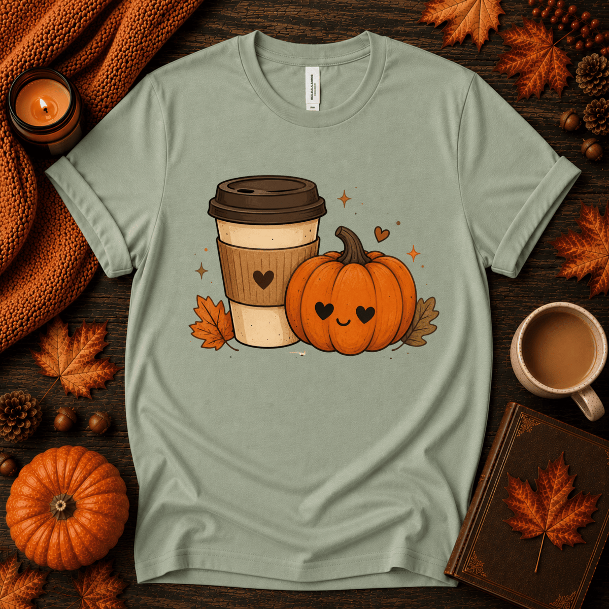 Pumpkin Latte fall coffee graphic t-shirt cozy flat lay in sage.