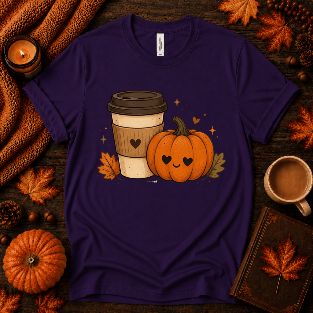 Pumpkin Latte fall coffee graphic t-shirt cozy flat lay in team purple.