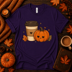 Pumpkin Latte fall coffee graphic t-shirt cozy flat lay in team purple.