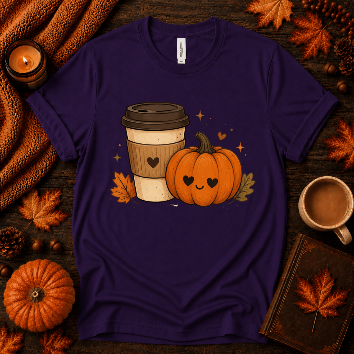 Pumpkin Latte fall coffee graphic t-shirt cozy flat lay in team purple.