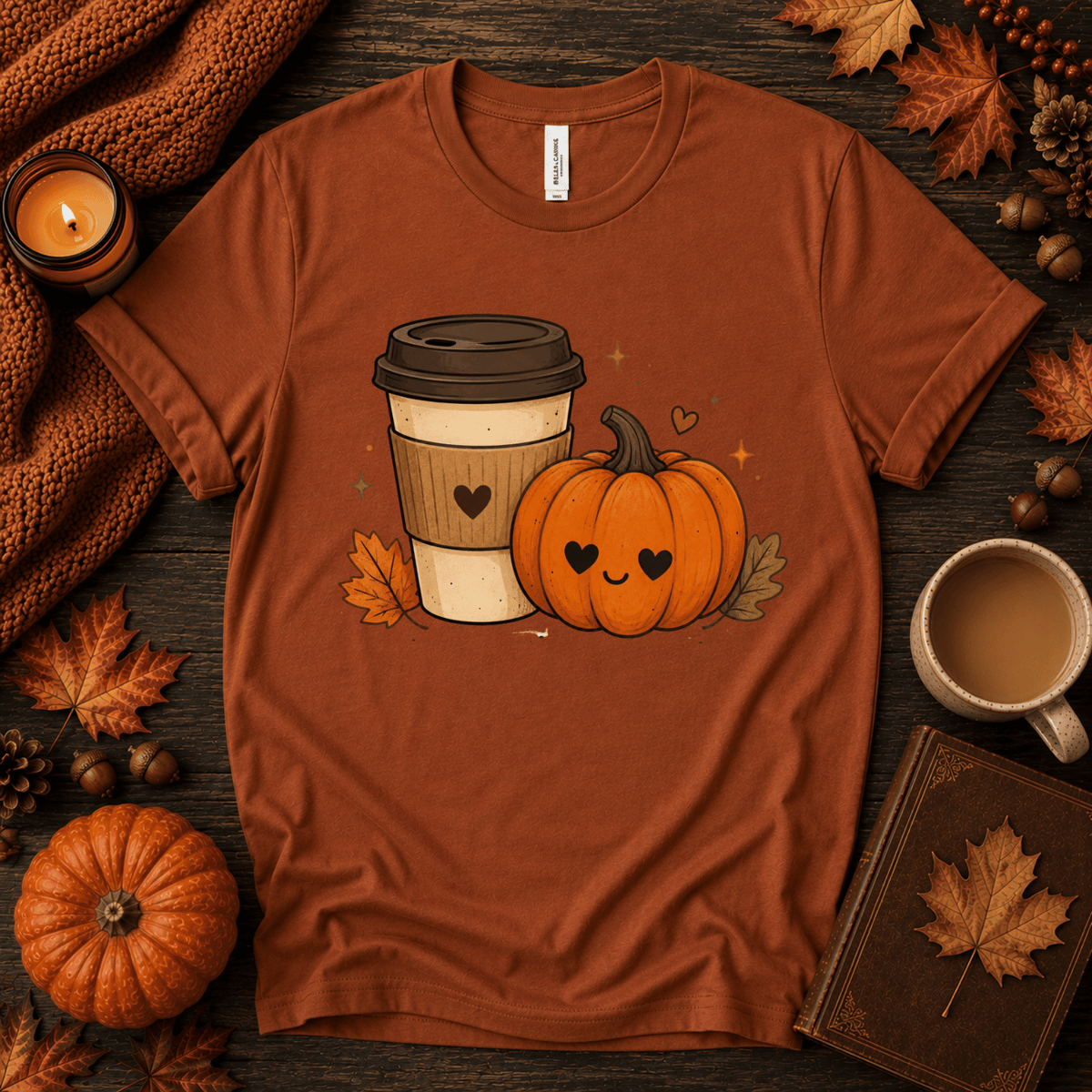 Pumpkin Latte fall coffee graphic t-shirt cozy flat lay in autumn.
