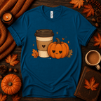 Pumpkin Latte fall coffee graphic t-shirt cozy flat lay in deep teal.