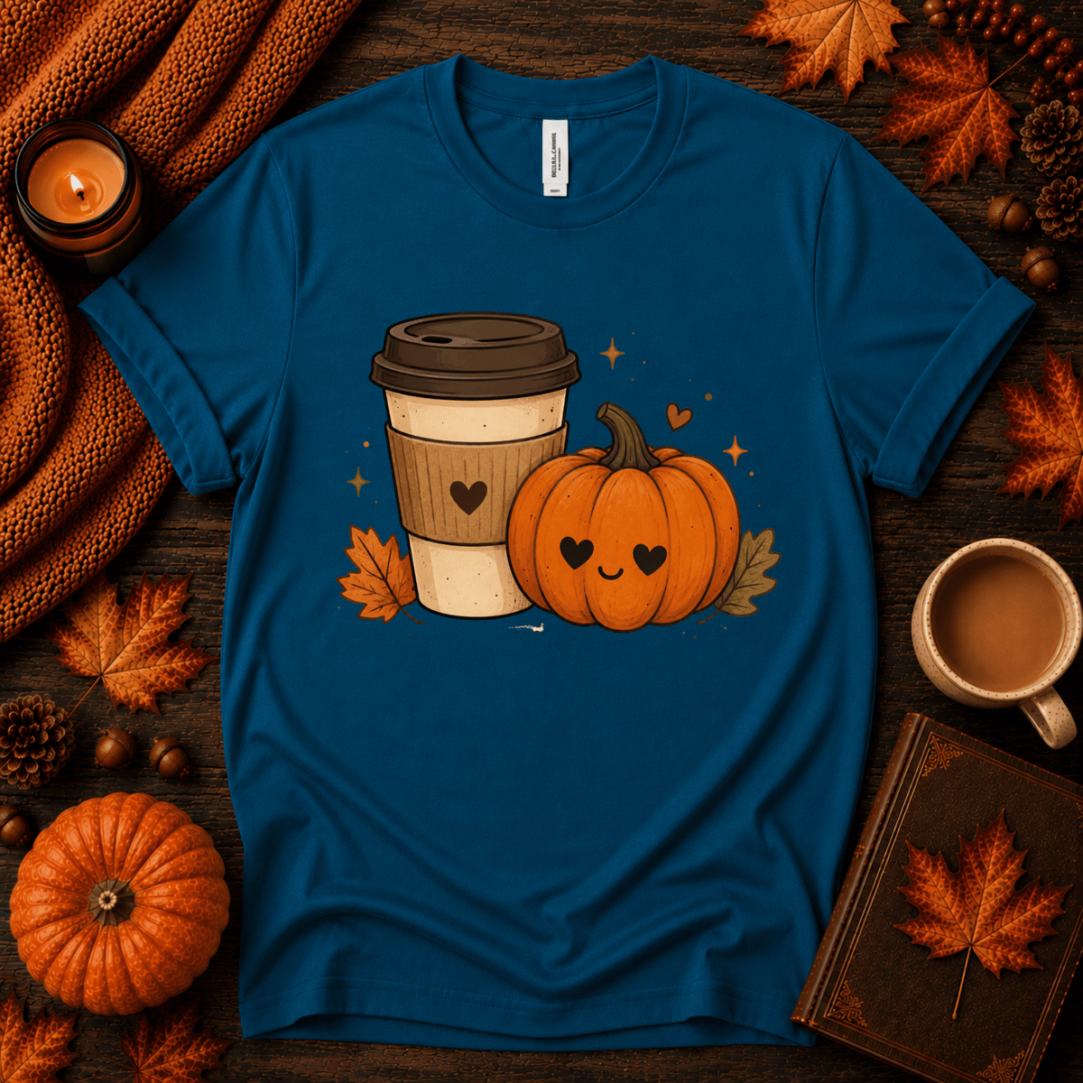Pumpkin Latte fall coffee graphic t-shirt cozy flat lay in deep teal.
