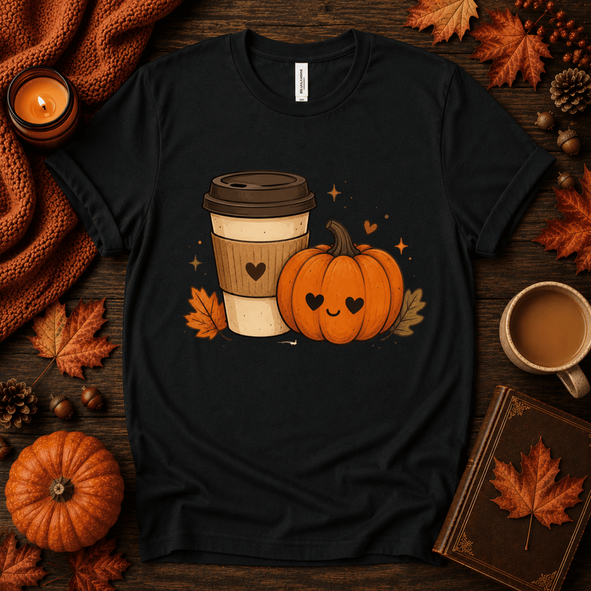 Pumpkin Latte fall coffee graphic t-shirt cozy flat lay in vintage black.