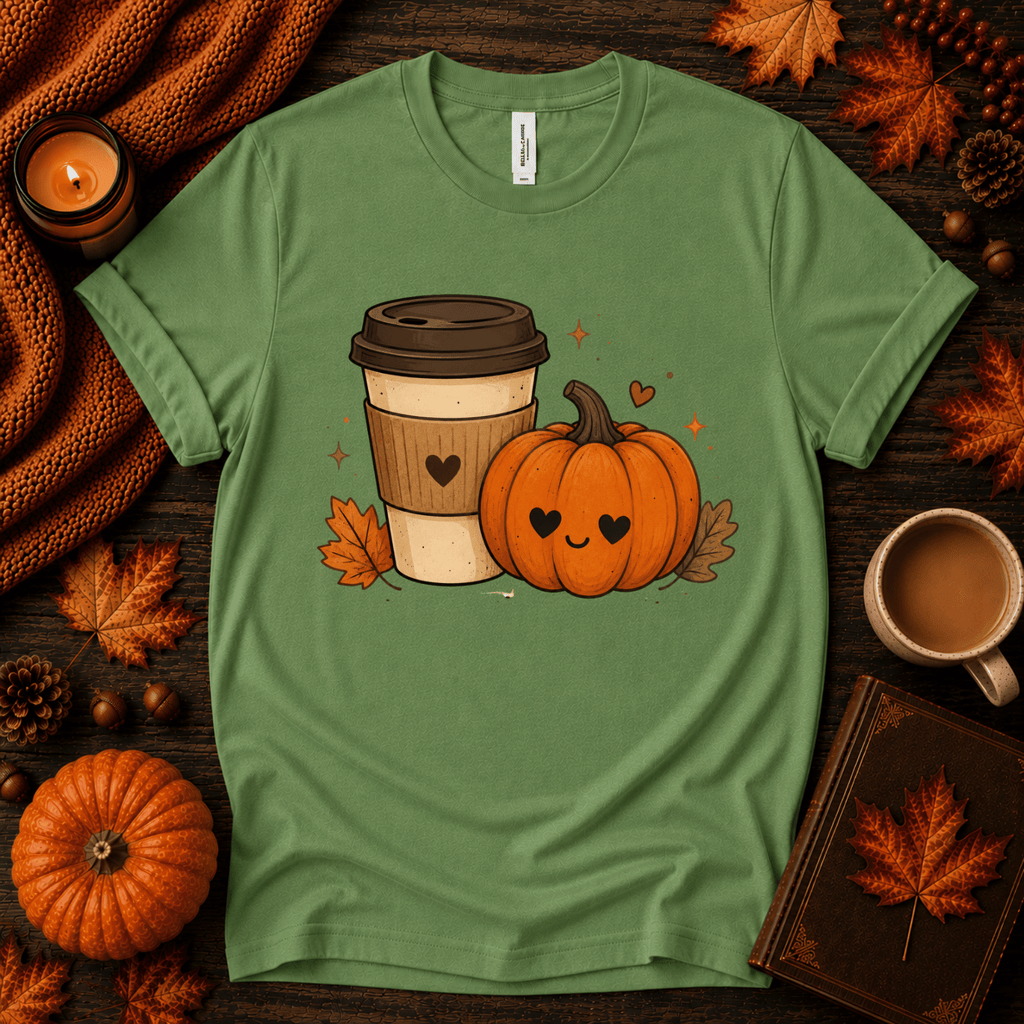 Pumpkin Latte fall coffee graphic t-shirt cozy flat lay in leaf.