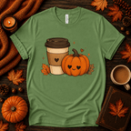 Pumpkin Latte fall coffee graphic t-shirt cozy flat lay in leaf.