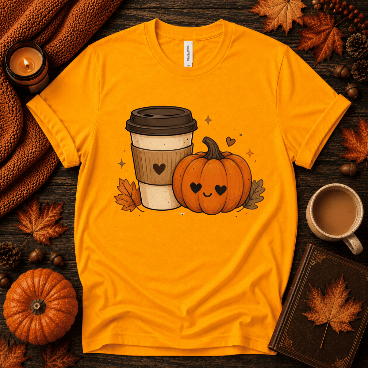 Pumpkin Latte fall coffee graphic t-shirt cozy flat lay in gold.