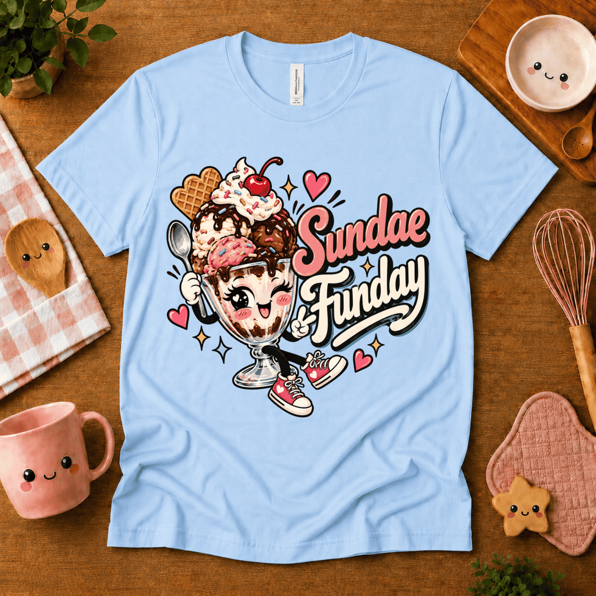 Sundae Funday retro food graphic t-shirt cozy flat lay in baby blue.