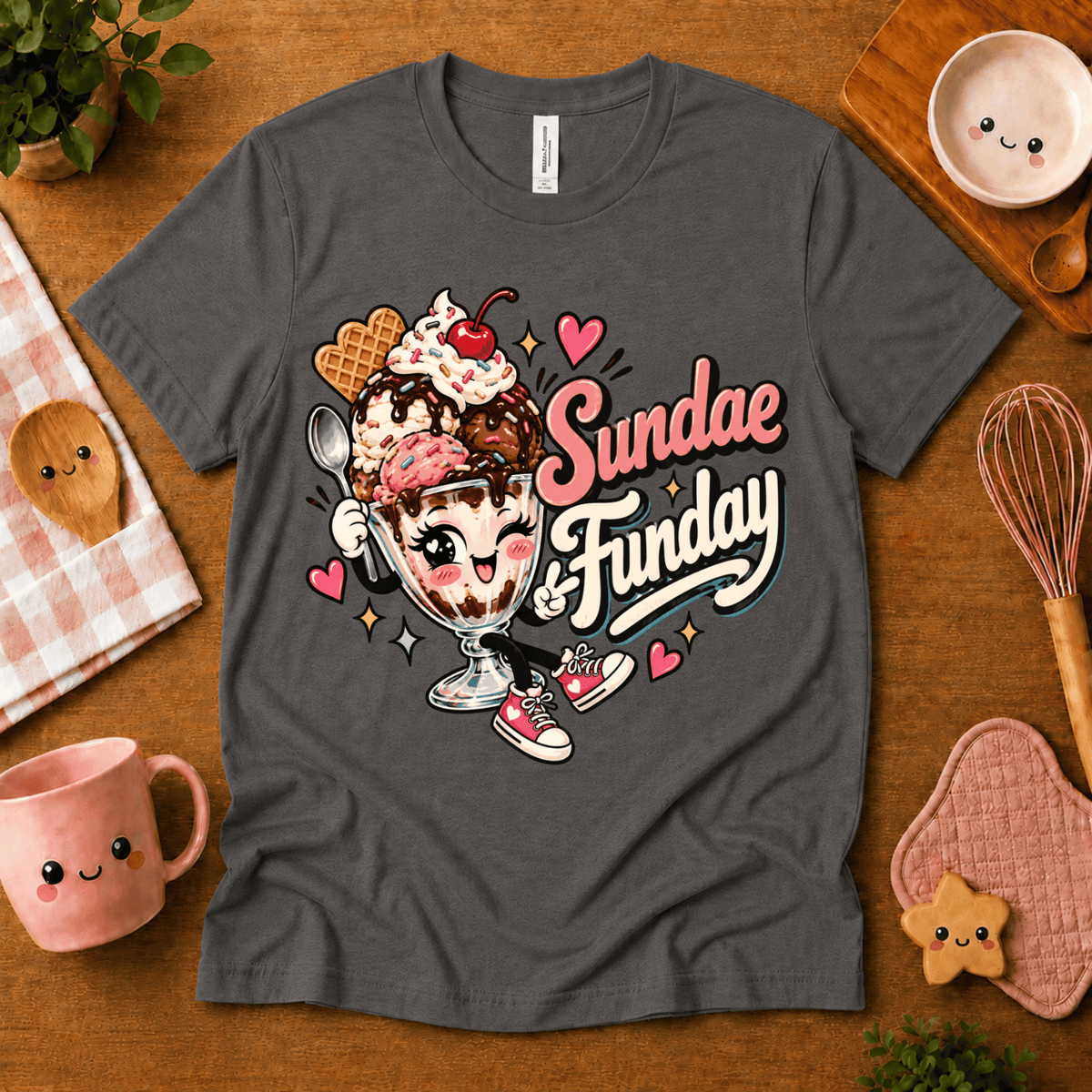 Sundae Funday retro food graphic t-shirt cozy flat lay in asphalt.