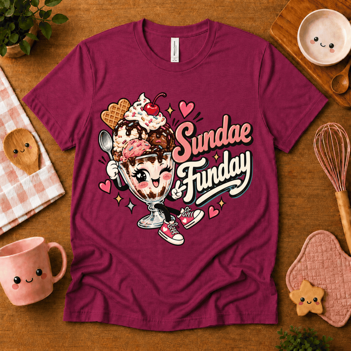 Sundae Funday retro food graphic t-shirt cozy flat lay in berry.