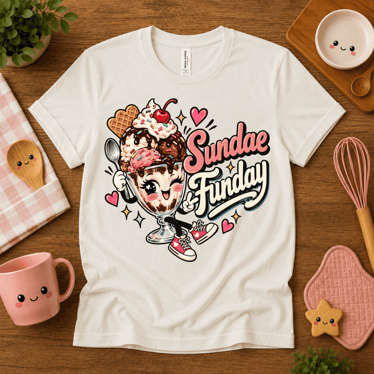 Sundae Funday retro food graphic t-shirt cozy flat lay in vintage white.