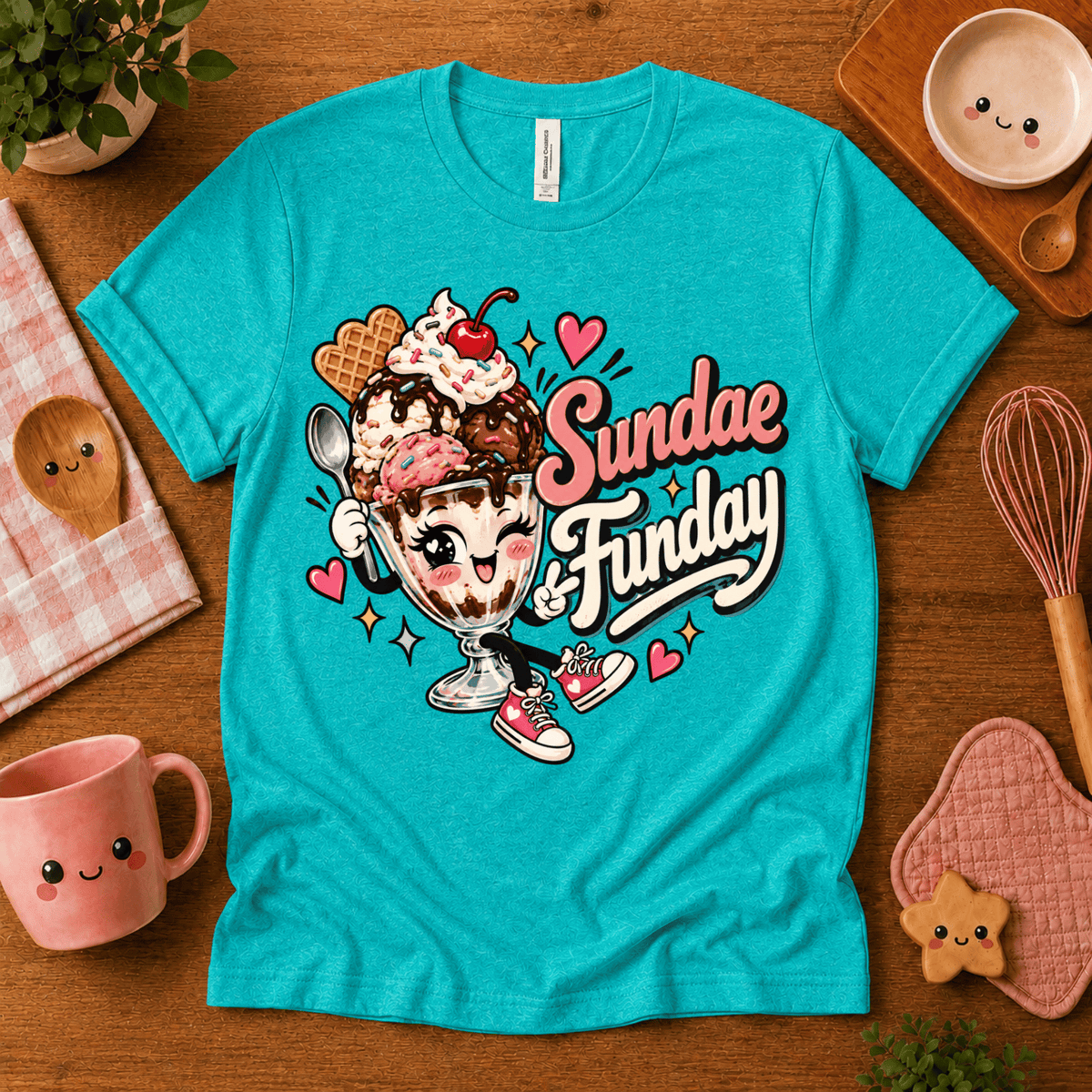 Sundae Funday retro food graphic t-shirt cozy flat lay in heather sea green.