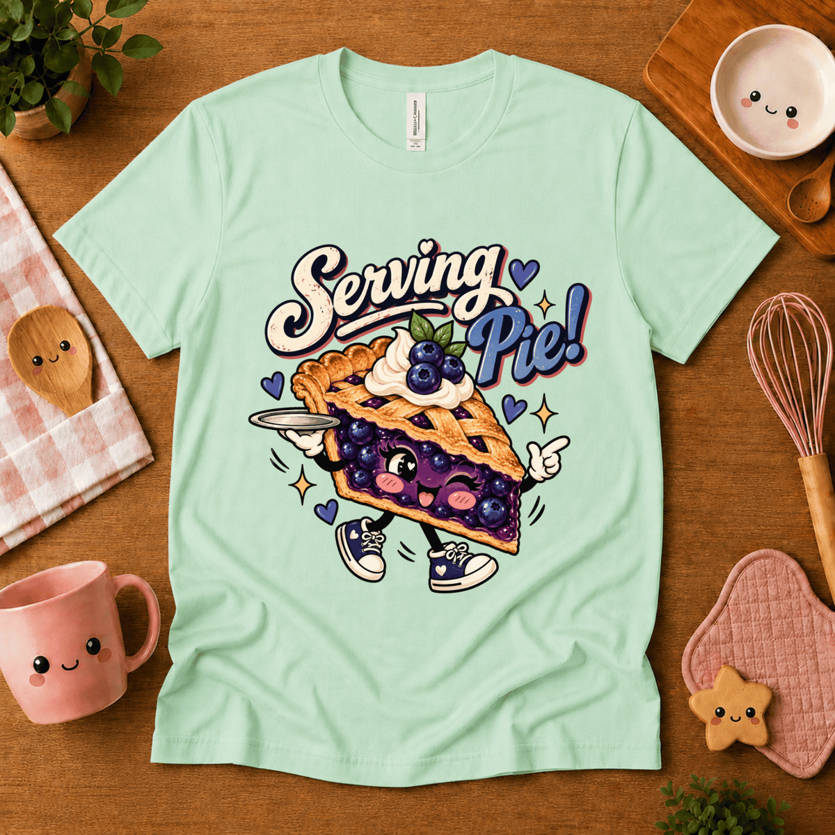 Serving Pie retro food graphic t-shirt cozy flat lay in mint.