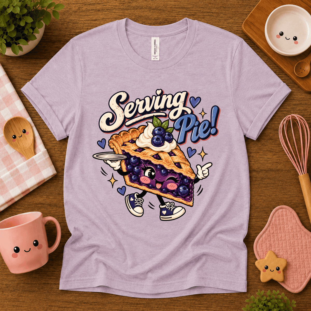 Serving Pie retro food graphic t-shirt cozy flat lay in lilac.