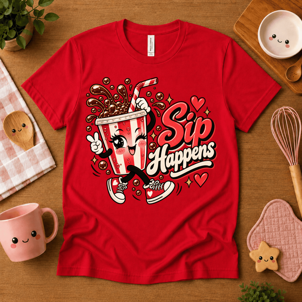 Sip Happens retro food graphic t-shirt cozy flat lay in red.