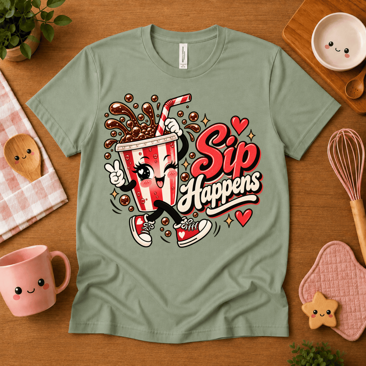 Sip Happens retro food graphic t-shirt cozy flat lay in sage.