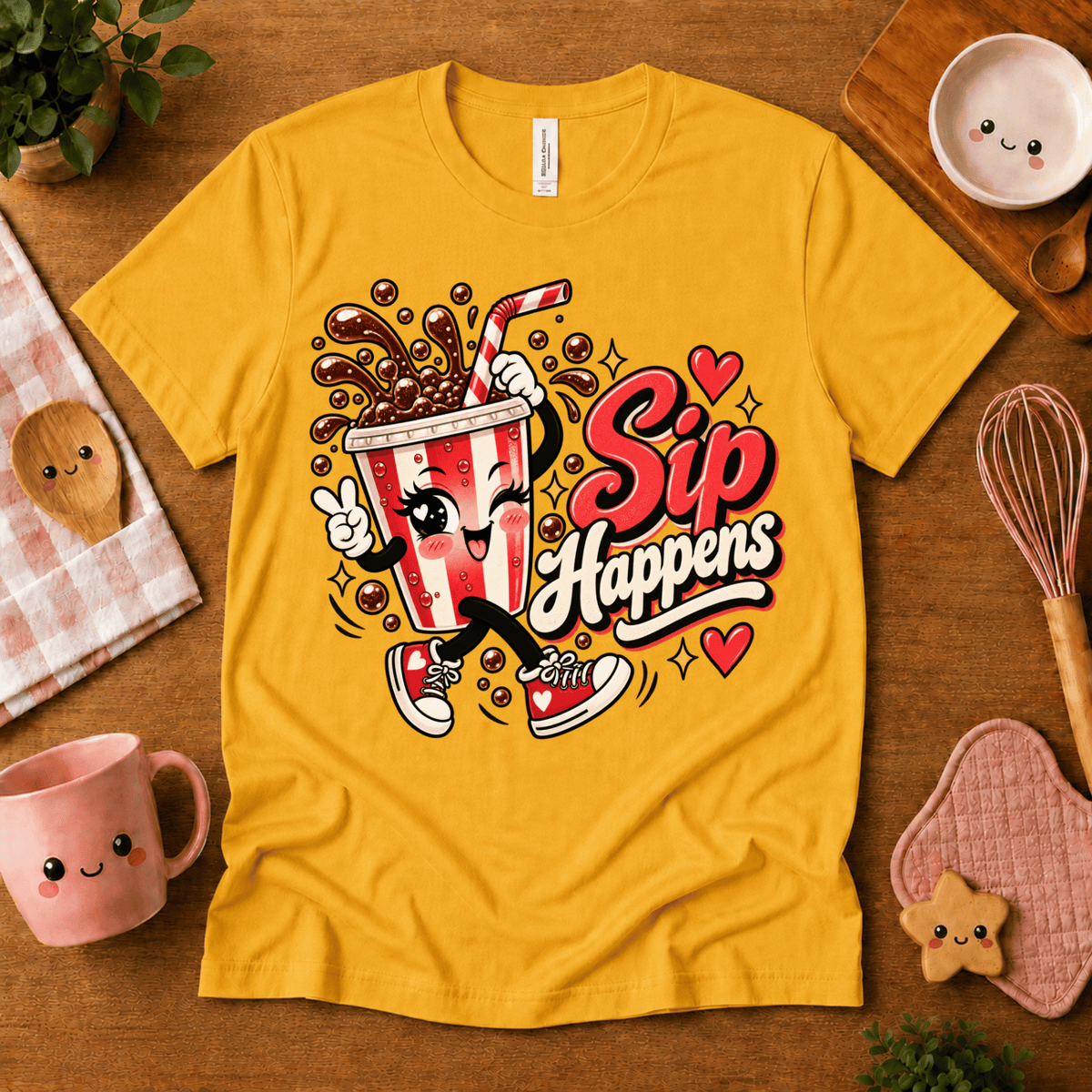 Sip Happens retro food graphic t-shirt cozy flat lay in gold.